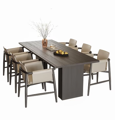 Modern Minimalist Wooden Dining Table Set with Six Beige Upholstered Chairs and Vase Fruit Tray 3d model