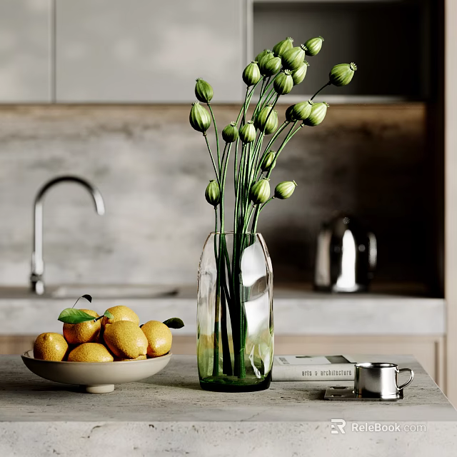 Decorative Accessories Set With Green Bud Vase Lemon Bowl And Silver Cup On Kitchen Countertop 3d model 