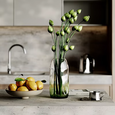 Decorative Accessories Set With Green Bud Vase Lemon Bowl And Silver Cup On Kitchen Countertop 3d model