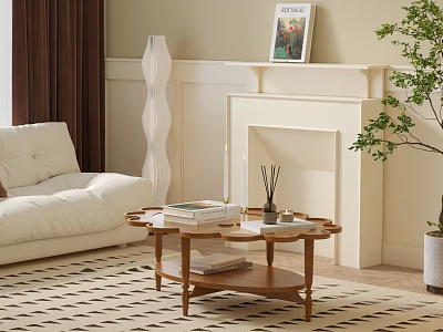 Wooden Coffee Table in Living Room Interior with Books Decorative Items White Sofa and Fireplace 3d model