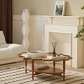 Wooden Coffee Table in Living Room Interior with Books Decorative Items White Sofa and Fireplace