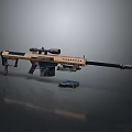 Tan Black Sniper Rifle With Scope Long Barrel And Ammunition Box On Gray Background
