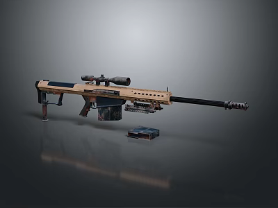 Tan Black Sniper Rifle With Scope Long Barrel And Ammunition Box On Gray Background 3d model