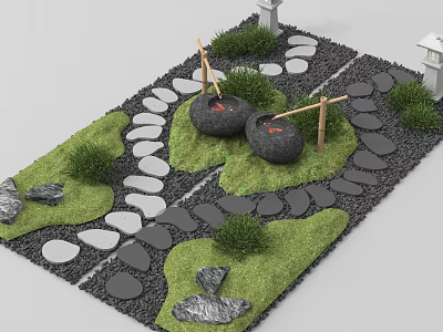 Microtopography Garden Design with Green Grass Stepping Stones and Small Shrubs 3d model