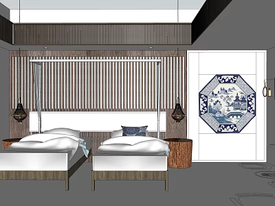 Chinese Traditional Hotel Guest Room With Double Beds Striped Headboard And Blue White Porcelain Decor 3d model