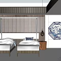 Chinese Traditional Hotel Guest Room With Double Beds Striped Headboard And Blue White Porcelain Decor