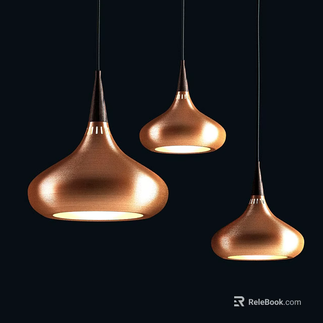 Three Copper Teardrop Shaped Pendant Lights With Warm Metallic Glow Design 3d model 