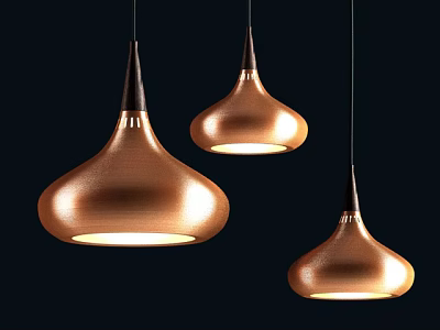 Three Copper Teardrop Shaped Pendant Lights With Warm Metallic Glow Design 3d model