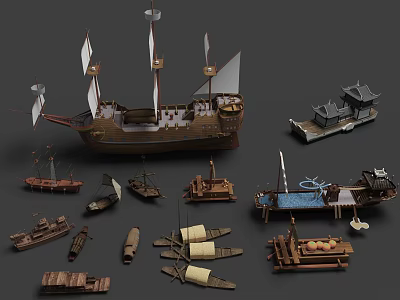 Various Wooden Boat Models Featuring Traditional Design And Intricate Craftsmanship 3d model