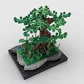 Detailed Building Block Tree Model With Green Leaves Brown Trunk And Black Base