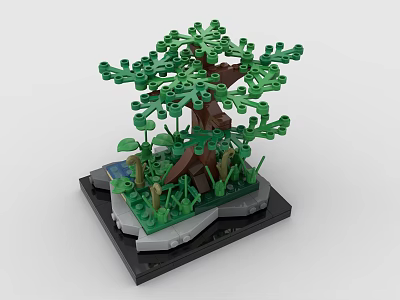 Detailed Building Block Tree Model With Green Leaves Brown Trunk And Black Base 3d model