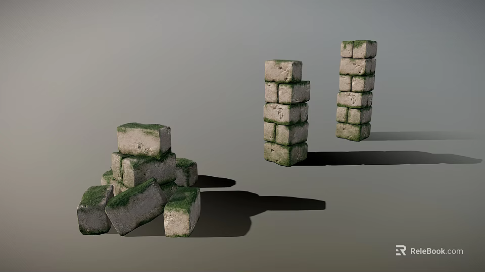 Natural Stacked Stone Formations With Green Moss In Tall And Irregular Stacks 3d model 