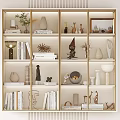 Artistic Decorative Cabinet Display Featuring Books Sculptures Vases Plants And Picture Frame