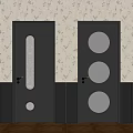 Dark Wooden Doors With Oval And Circular Glass Panels On Floral Wallpaper Background