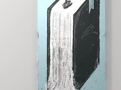 Book Shaped Garden Ornament With Small Boat And Waterfall Lines On Light Blue Background 3d model