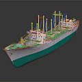 Detailed White and Green Cargo Vessel Model with Masts and Cranes