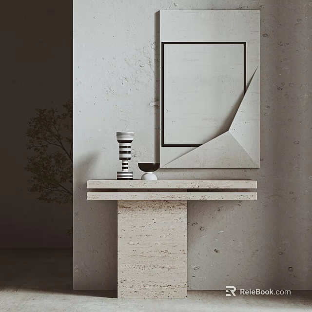 Minimalist Console Table With Stone Top Decorative Vase And Wall Mirror 3d model 