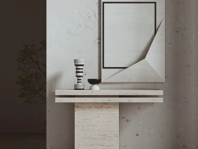 Minimalist Console Table With Stone Top Decorative Vase And Wall Mirror 3d model