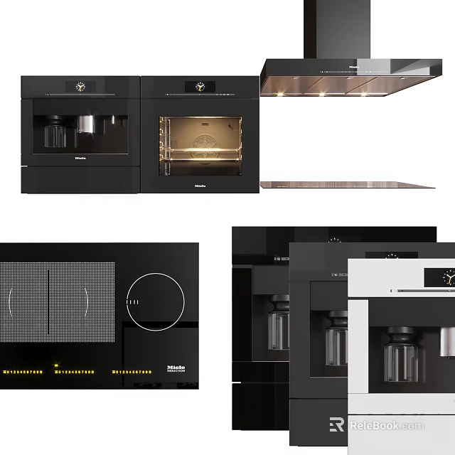 Modern Black Kitchen Appliances Including Oven Coffee Machine Cooktop And Range Hood 3d model 