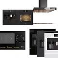Modern Black Kitchen Appliances Including Oven Coffee Machine Cooktop And Range Hood