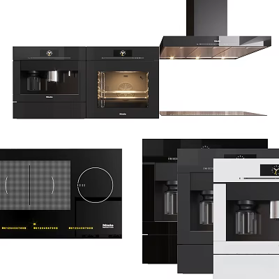 Modern Black Kitchen Appliances Including Oven Coffee Machine Cooktop And Range Hood 3d model