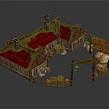 Cartoon Scene of Cozy Wooden Village with Red Roofs Green Grass Barrels and Structures