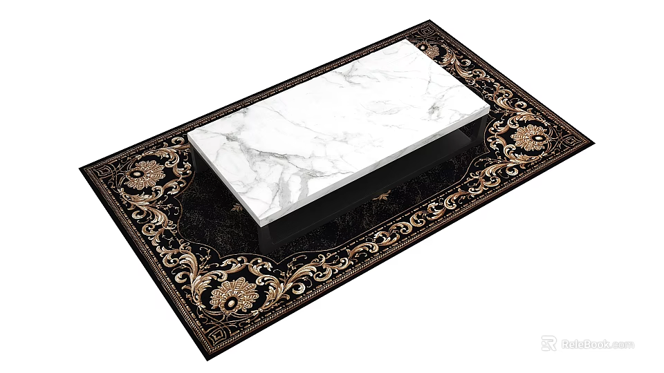 Rectangular White Marble Top Placed On Ornate Black Rug With Gold Patterns 3d model 