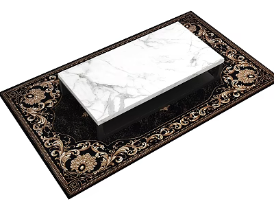 Rectangular White Marble Top Placed On Ornate Black Rug With Gold Patterns 3d model