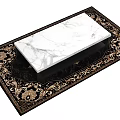 Rectangular White Marble Top Placed On Ornate Black Rug With Gold Patterns