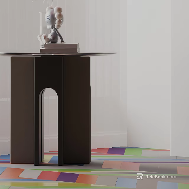 Modern Dark Brown Side Table With Arch Design Legs And Decorative Sculpture On Colorful Floor 3d model 