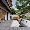 Modern Roof Garden With Slate Flooring Pebble Pathway Outdoor Dining Set Umbrella And Lush Greenery