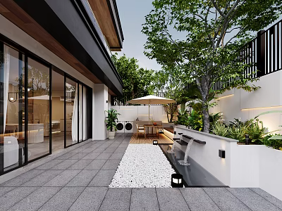 Modern Roof Garden With Slate Flooring Pebble Pathway Outdoor Dining Set Umbrella And Lush Greenery 3d model