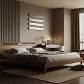 Modern Bedroom Interior With Wooden Bed Desk Window Rug Decorative Art And Plant