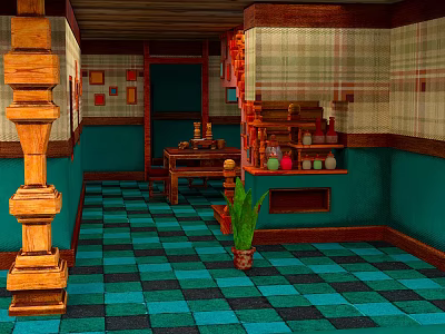 Teal Wall Interior With Checkered Floor Wooden Table Shelves Bottles And Potted Plant 3d model