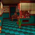 Teal Wall Interior With Checkered Floor Wooden Table Shelves Bottles And Potted Plant