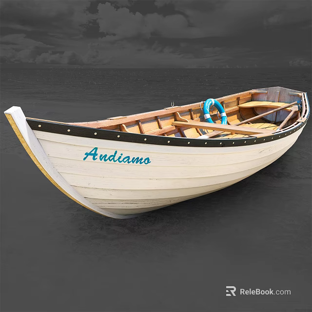 Ardiamo Wooden Boat With Blue Lifebuoy And Wooden Oars On Gray Surface 3d model 