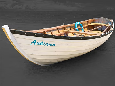 Ardiamo Wooden Boat With Blue Lifebuoy And Wooden Oars On Gray Surface 3d model