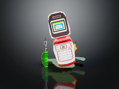 Classic Retro Mobile Phone In Pixel Style With Red Body White Keypad And Green Accessory 3d model