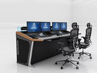 Modern Monitoring Control Desk With Multiple Screens And Ergonomic Office Chairs 3d model