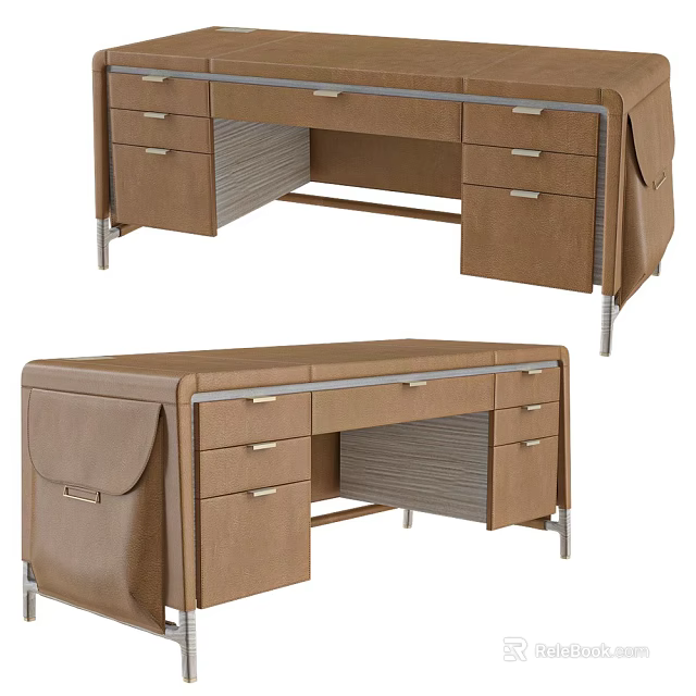 Modern Brown Office Desk With Functional Drawers Metal Legs And Side Storage Pockets 3d model 