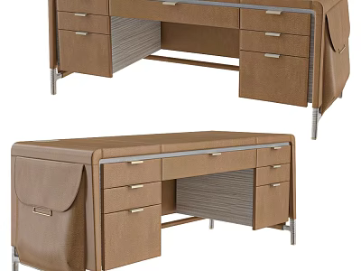 Modern Brown Office Desk With Functional Drawers Metal Legs And Side Storage Pockets 3d model