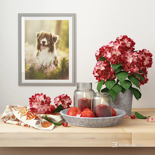 Decorative Ornament Arrangement With Framed Dog Photo Red Hydrangeas Metal Tray Apples And Glass Jars 3d model 