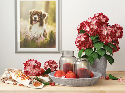 Decorative Ornament Arrangement With Framed Dog Photo Red Hydrangeas Metal Tray Apples And Glass Jars 3d model