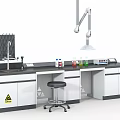 Laboratory Interior Setup With White Cabinets Black Countertop Faucet Reagent Bottles And Stool