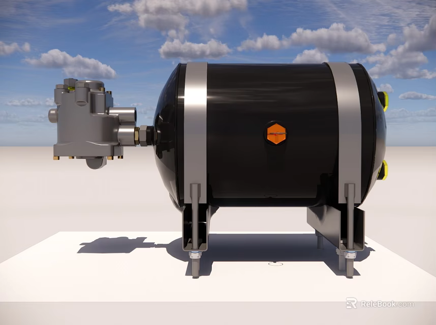 Black Cylindrical Industrial Equipment With Silver Components Orange Logo And Metal Brackets 3d model 
