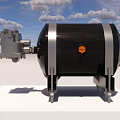 Black Cylindrical Industrial Equipment With Silver Components Orange Logo And Metal Brackets