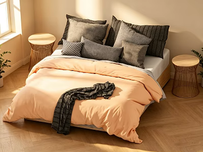 Double Bed with Orange Quilt Dark Blanket Grey Black Pillows in Sunlit Room Side Tables 3d model