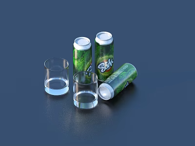 Green Carbonated Drink Three Cans Two Standing One Lying With Two Glasses On Dark Surface 3d model