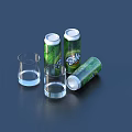 Green Carbonated Drink Three Cans Two Standing One Lying With Two Glasses On Dark Surface