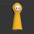 Yellow Checkered Raincoat Doll With White Face And Black Eyes Standing On Reflective Black Background
